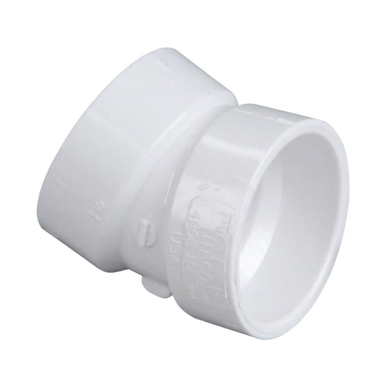 The Go Build 2 in. PVC DWV 22-1/2-Degree Hub x Hub Elbow is a white PVC pipe fitting used in plumbing to connect pipes at a 22-1/2-degree angle.